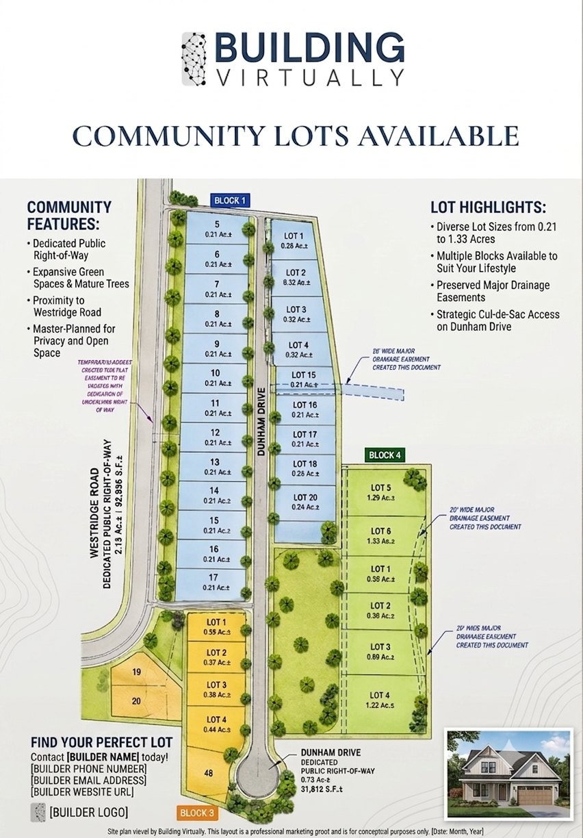 Example Building Virtually community plat map showing four blocks of lots on Dunham Drive and Westridge Road, with lot sizes, drainage easements and a cul-de-sac